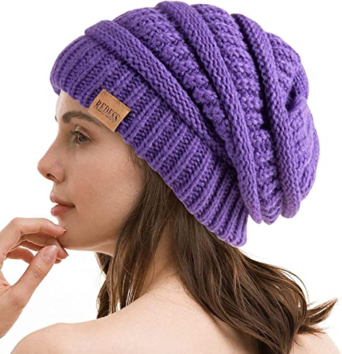 REDESS Slouchy Beanie Hat for Men and Women Winter Warm Knit Hat Chunky Soft Oversized Cable Cap - color: Light Purple