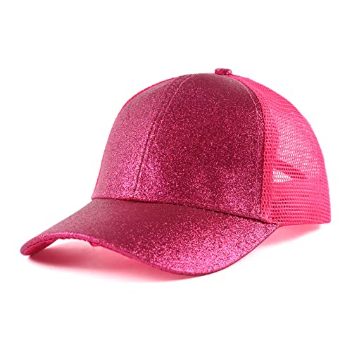 Zsedrut Girls Glitter Baseball Cap Kids Adjustable Ponytail Hat Toddler Summer Mesh Trucker Hats - color: Rosered