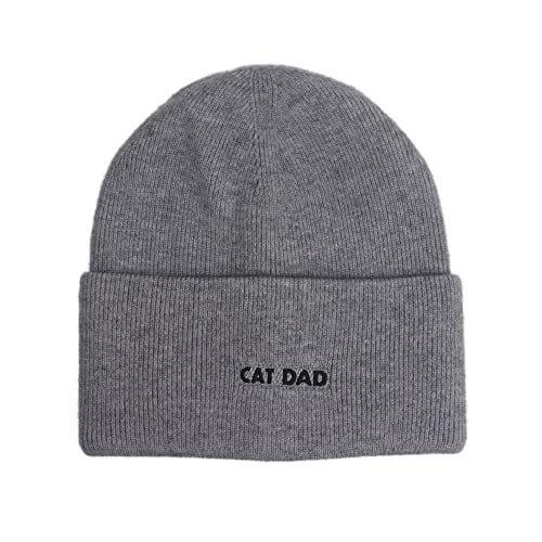 Cat Mom Cat Dad Beanie Collection – Jacquard Pom Pom Hats & Double-Layer Embroidered Beanies for Pet Lovers - color: Cat Dad Embroidery Gray Hat