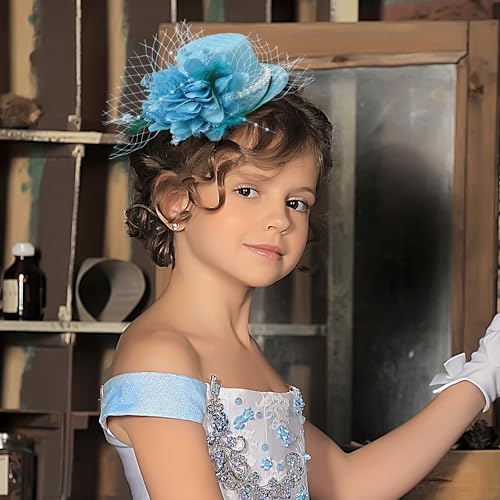 Zinniday Small Feather Fascinators Hat - 2026 Blue Derby Hats with Clip Kentucky 1920s 50s Victoria Elegant Tea Party Pillbox Cap with Flower and Veil for Women Ladies Girls Cocktail Masquerade Prom - color: Blue
