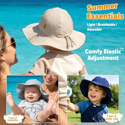 Baby Sun Hat Toddler Boy Girl Adjustable Outdoor Beach Hat Kids Wide Brim - color: Khaki & Gray & Navy -3pcs, size: 2-5T