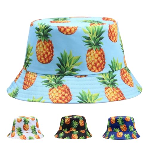 Funny Bucket Hat Foldable Festival Hats Wide Brim Hat Unisex Reversible Fisherman Hats Fruit Patterns - color: Pineapple-light Blue