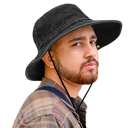 Unisex Cotton Boonie Hat Summer Fishing Bucket Hat Sun Hat with String - color: Retro Black