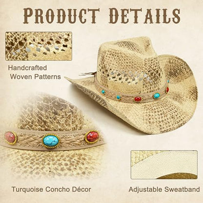 FLUFFY SENSE. Cowgirl Hats for Women Straw Cowboy Hat Western Beach Sun Hat with Shapeable Brim for Coastal Cowgirl - color: Sunkissed Blonde