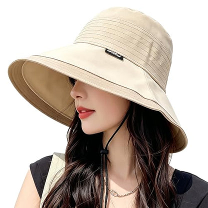 Women UPF50+ Wide Brim Bucket Sun Hat Wired Edge Adjustable Chin Strap - color: Beige