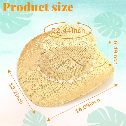 Men's Women's Straw Cowboy Hat, Western Cowgirl Hat, Wide Brim Hollow Out Sun Beach Hat with Three Decorative Bands - color: Pale Yellow