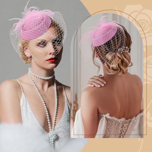 Fascinator Hat Veil Feather Fascinator Tea Party Bridal Wedding Veil Retro Hat Pillbox Hat - color: Peachy Pink