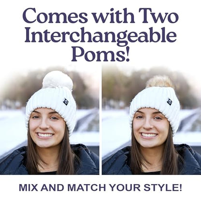 Funky Junque Women’s Winter Detachable Pom Beanie – Warm Knit Hat with Removable Faux Fur Pom, Soft Stretch Acrylic Cozy Cap - color: Ivory