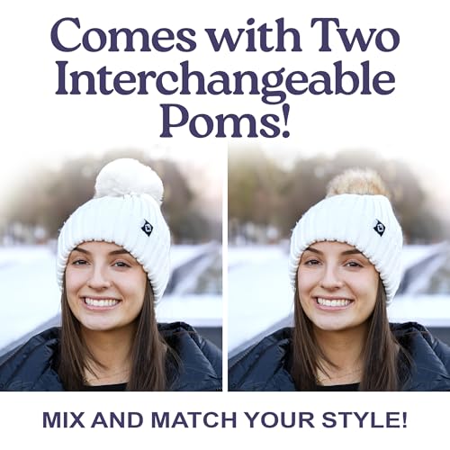 Funky Junque Women’s Winter Detachable Pom Beanie – Warm Knit Hat with Removable Faux Fur Pom, Soft Stretch Acrylic Cozy Cap - color: Ivory