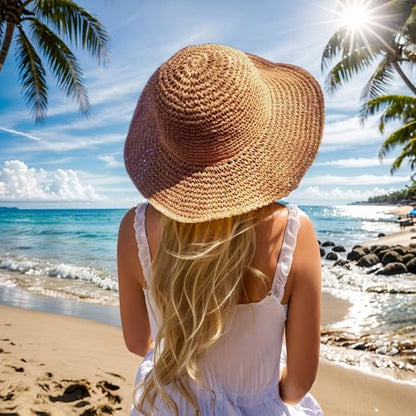 Floppy Big Beach Straw Hats for Women Foldable Summer Wide Brim Packable Sun Hat Womens Travel Straw Fedora Hat - color: Khaki-4