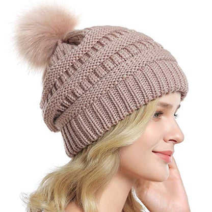 Women Knit Slouchy Beanie Chunky Baggy Hat with Faux Fur Pompom Winter Soft Warm Ski Cap - color: C4-rose Pink