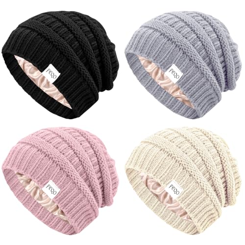 FEQO 4 Pack Satin Lined Beanies Slouchy Beanie Oversized Cable Knit Caps - color: Black, Pink, Light Grey, Beige