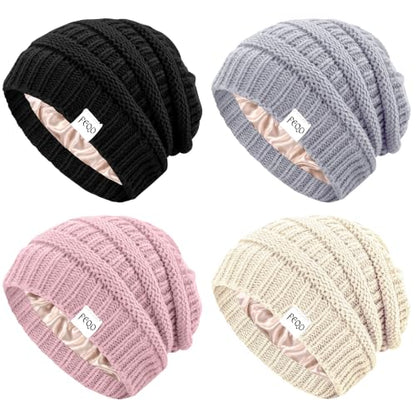 FEQO 4 Pack Satin Lined Beanies Slouchy Beanie Oversized Cable Knit Caps - color: Black, Pink, Light Grey, Beige