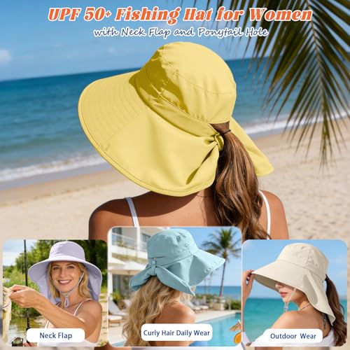 Ruqizhi Sun Hats for Women with Neck Flap Ponytail Hole Women Sun Hats Rollable UV Protection Fishing Hats Wide Brim UPF 50+ - color: Yellow
