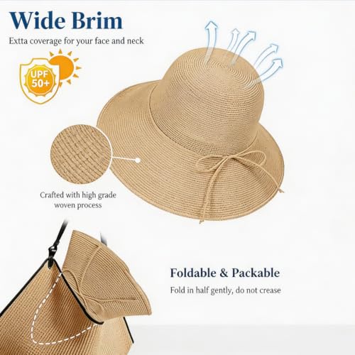 Straw Bucket Hats for Women Beach Sun Hat Foldable Packable Handmade Sun Protection Floppy Travel - color: Beige-brim3.9"