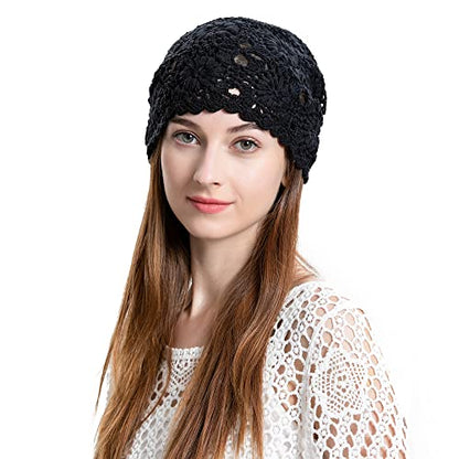 ZLYC Women Cotton Crochet Slouchy Beanie Hat Handmade Knit Summer Skull Cap - color: Solid Black