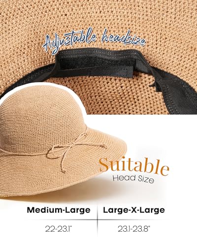 FURTALK Beach Sun Hat for Women Foldable Packable Handmade Straw Hats Sun Protection Floppy Travel Essentials - color: Khaki, size: Medium-Large