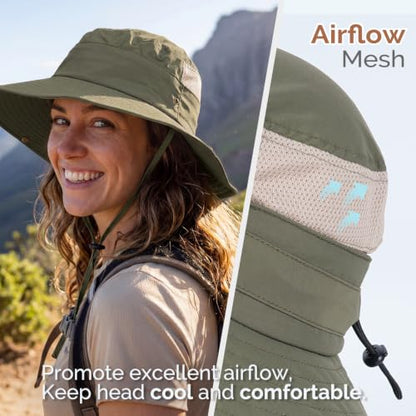 2-in-1 Womens Bucket Sun Hats, Sun Visor Hat, UPF 50+ Wide Brim, Ponytail-Friendly, Packable, Hiking Outdoor - color: Olive Green