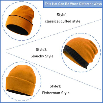 ZOORON Beanie for Men Women Warm Winter Hat Unisex Soft Knit Cuffed Beanie - color: 1pack-black/Orange(double-sided)