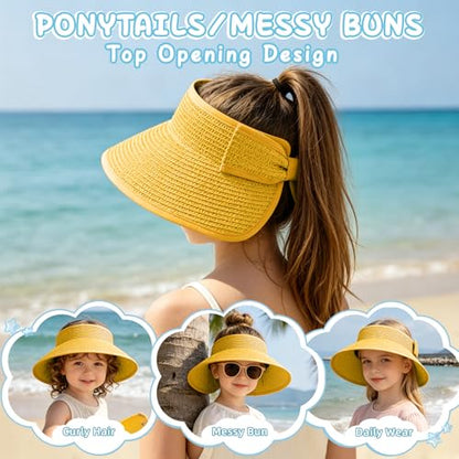 Girls Sun Visor Hat with Ponytail Hole Wide Brim Beach Straw Visor UPF 50+ - color: 1pack-yellow