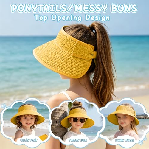 Girls Sun Visor Hat with Ponytail Hole Wide Brim Beach Straw Visor UPF 50+ - color: 1pack-yellow