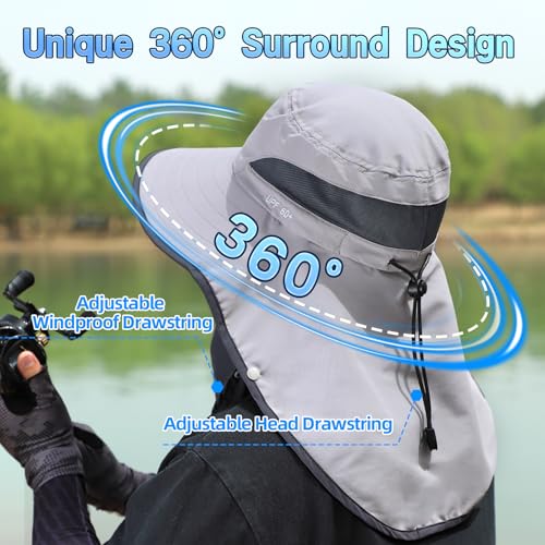 UPF 50+ Sun Hats for Men Women, Wide Brim & Face Neck Flap Fishing Hat, UV Protection Summer Hat for Fishing Hiking Outdoor - color: Light Gray