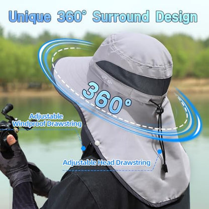 UPF 50+ Sun Hats for Men Women, Wide Brim & Face Neck Flap Fishing Hat, UV Protection Summer Hat for Fishing Hiking Outdoor - color: Light Gray