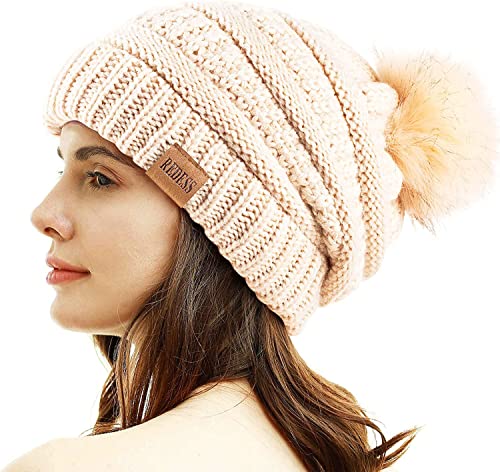 REDESS Women Winter Pom Pom Beanie Hat with Warm Fleece Lined - color: Beige