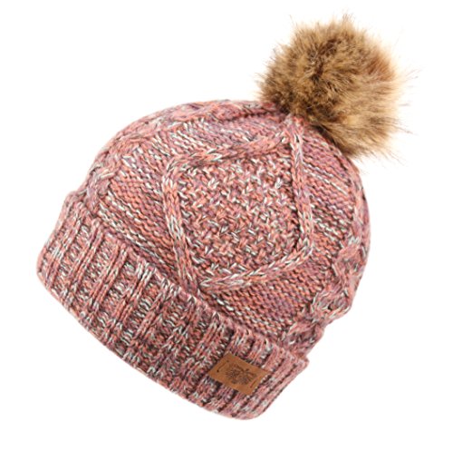 Women's Winter Fleece Lined Cable Knitted Pom Pom Beanie Hat - color: Multi Mint