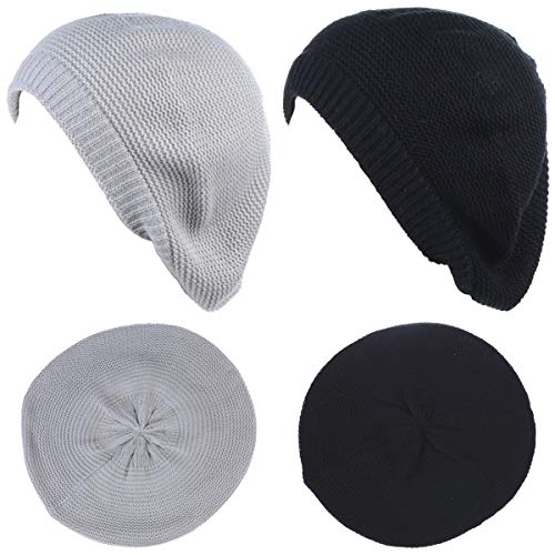 BYOS Chic French Style Lightweight Soft Slouchy Knit Beret Beanie Hat in Solid - color: 2-pack Lt.gray & Black