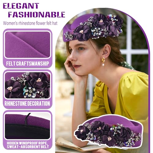 Women's Retro Stewardess Felt Hat, British Berets, Rhinestone Flower Decor, Ladies' Church Derby Hat - color: Purple