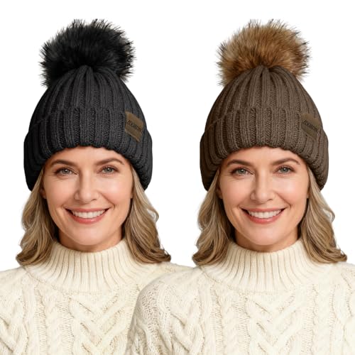ZOORON Beanies for Womens Winter Knitted Beanies Hats with Faux Fur Pom Warm Knit Skull Cap - color: 2pack-black+khaki