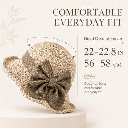 Elegant Woven Straw Sun Hat with Bow, Summer Beach Sun Straw Hats for Women, Foldable Wide Brim Floppy Beach - color: Pink