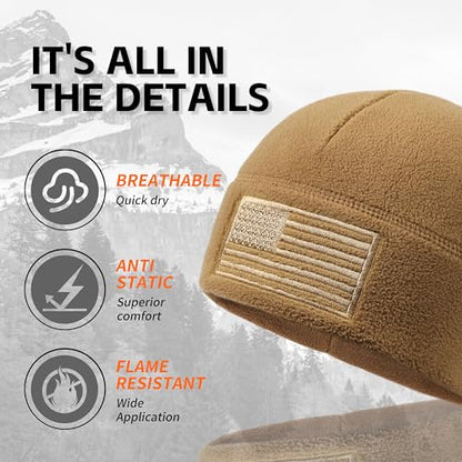 OUTDOOR SHAPING American Flag Fleece Beanie with Embroidered Patch Hat - color: Coyote Brown