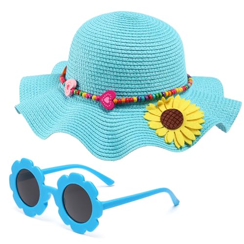 Girls Straw Hat with Flower Round Sunglasses, Summer Foldable Large Brim Sunflower Bowknot Beach Toddler Straw Sun Hat, 2-6T - color: Blue