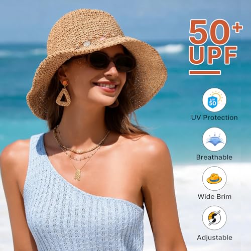 Beach Sun Hats for Women, Wide Brim Straw Hat, UPF 50+ UV Protection - color: Khaki-shell