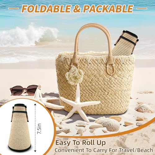 Sun Hats for Women Wide Brim Straw Sun Visors Ponytail Hat - color: Beige With Black