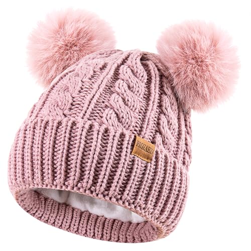 Women's Winter Hat Soft Knit Beanie with Faux Fur Pom Hat with Warm Fleece Lining Skull Cap for Women - color: Dark Pink
