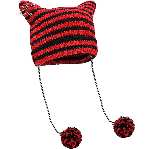 XYIYI Crochet Hats for Women Fox Knit Hat with Pompoms Grunge Goth Accessories Slouchy Beanies for Women Girls - color: Black Red