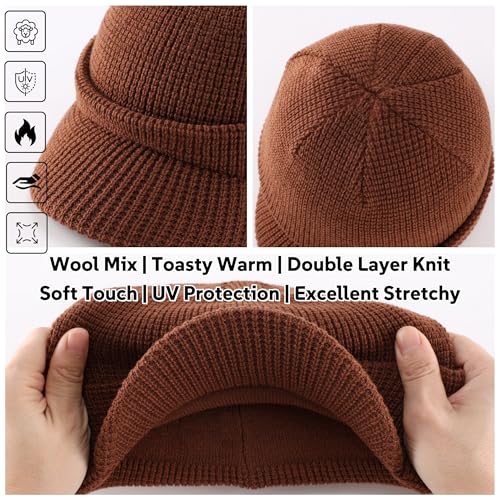 Home Prefer Mens Wool Blend Winter Hat Double-Layer Warm Knit Pre-Curve Visor Beanie Brimmed Beanies Hat for Men Women - color: Brown