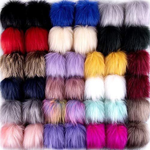 SIQUK 40 Pieces Faux Fur Pom Pom for Hats Fluffy Balls with Elastic Loop - color: Bright color