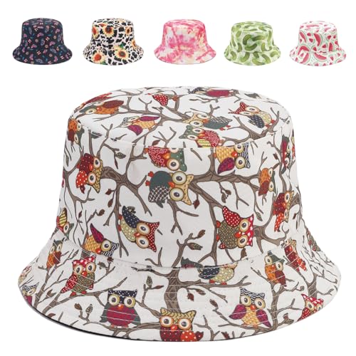Reversible Bucket Hat for Women Summer Travel Fisherman Cap, Girls Cute Double Side Wear Bucket Cap - color: Owl
