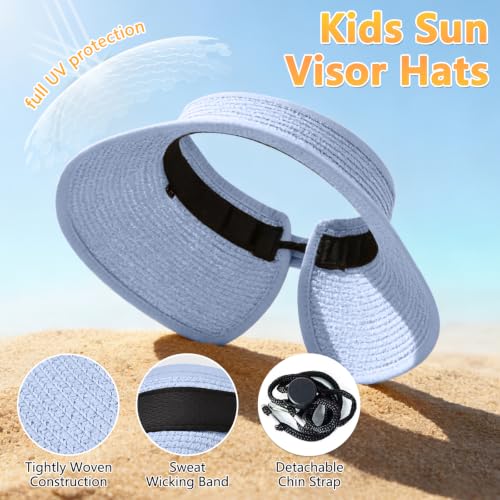 ZOORON Girls Straw Sun Visor Hat, Wide Brim Ponytail Beach Hat with Bow - color: Sky Blue