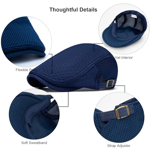 Mens Mesh Cap Flat Ivy Gatsby Newsboy Beret Driving Hat Adjustable Breathable Summer Hats - color: Navy Blue