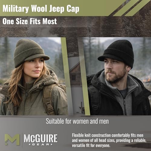 M MCGUIRE GEAR Genuine G.I. Winter Beanie Cap with Visor, 100% Wool Fitted Cap, Made in USA - color: Od Green
