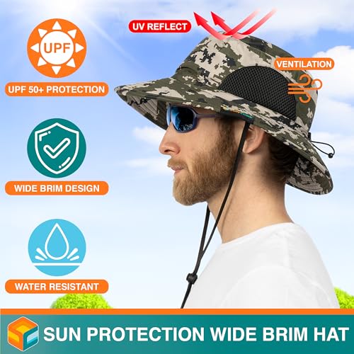 SUN CUBE Wide Brim Sun Hat for Men & Women, UPF 50+ UV Protection, Mesh Boonie Hat with Chin Strap, Fishing Hiking Hat - color: Camo Green