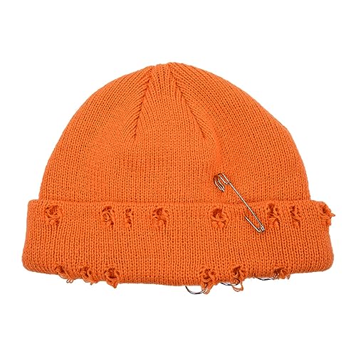 AIBEARTY Swag Short Fisherman Beanie for Men Women Rolled Cuff Beanie Skull Caps Wool Knit Winter Ski Hat with O Rings - color: Orange With Pin