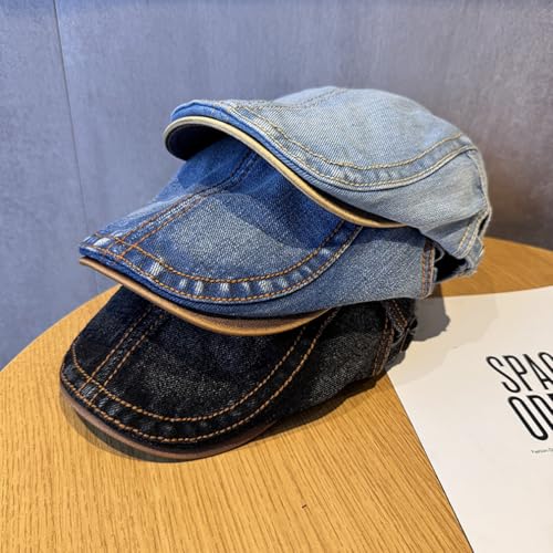 Quanhaigou Unisex Denim Newsboy Hats Flat Ivy Gatsby Cabbie Driving Berets Hat Cotton Dad Cap for Men Women - color: Washed Denim Black