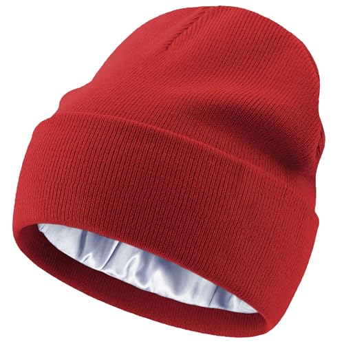 Satin Lined Knit Beanie Hat-100% Cotton Winter Hats for Women Men - color: 1-red