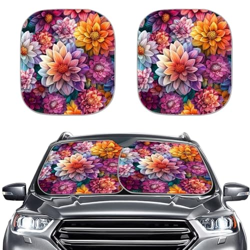 Renewold Boho Flower Windshield Sun Shade for Car, Foldable Front Window Cover with UV and Heat Protection, Keep Your Car Interior Cooler - color: Boho Flower Dahlia